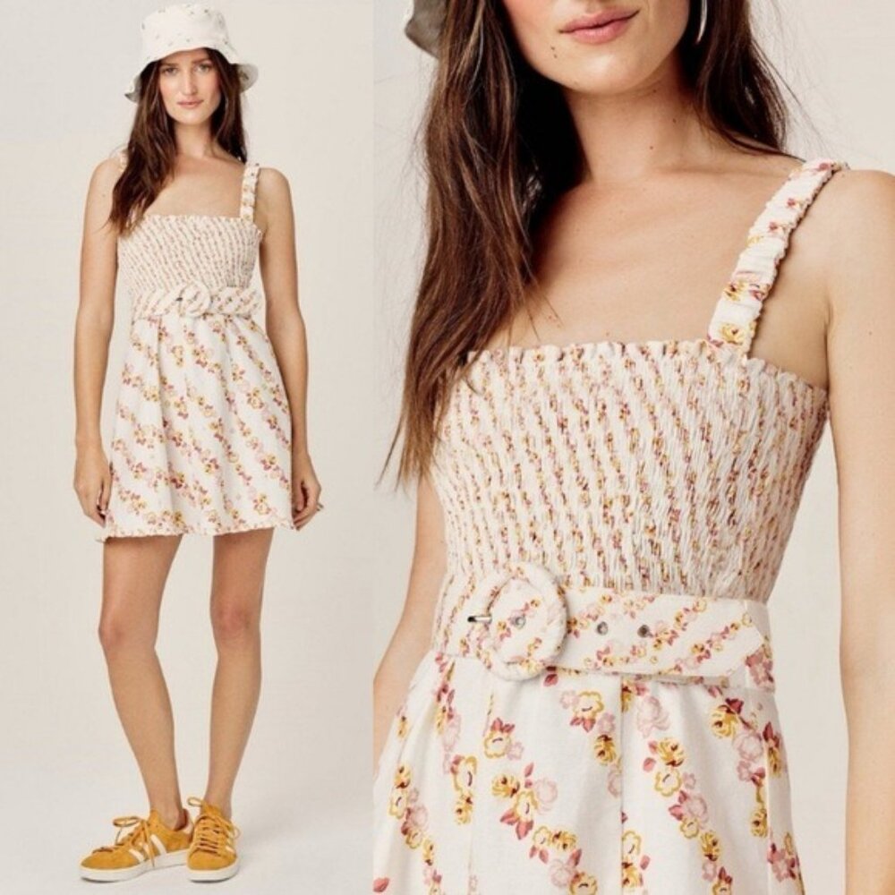 For Love & Lemons Georgia Linen Floral Belted Mini Dress XS Smock Ruffle Cutout